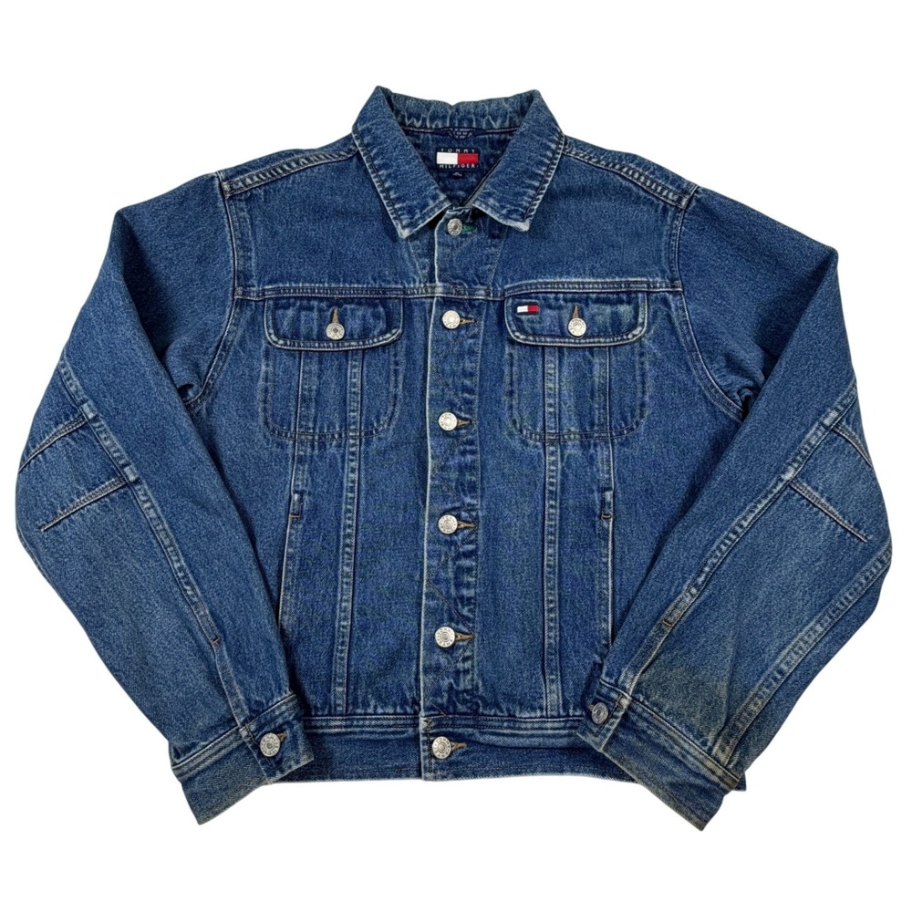 Vintage Tommy Hilfiger Womens XL Blue Denim Trucker Jacket Flag Logo Medium Wash